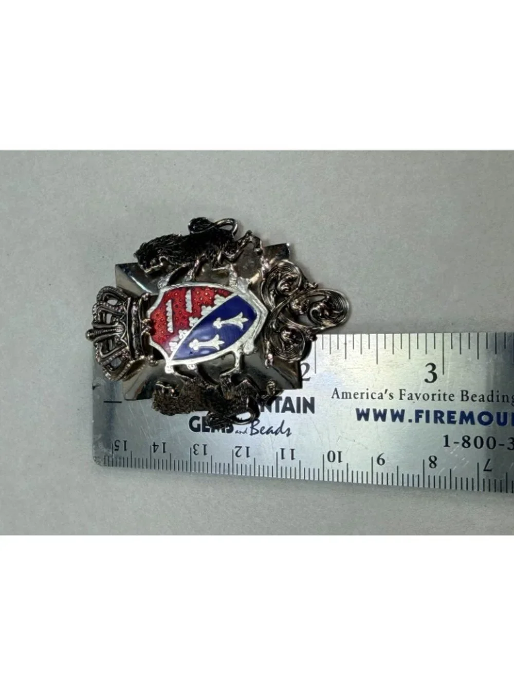 Vintage Marino Heraldic Crest Lions Crown Shield Brooch Enamel Silver Tone